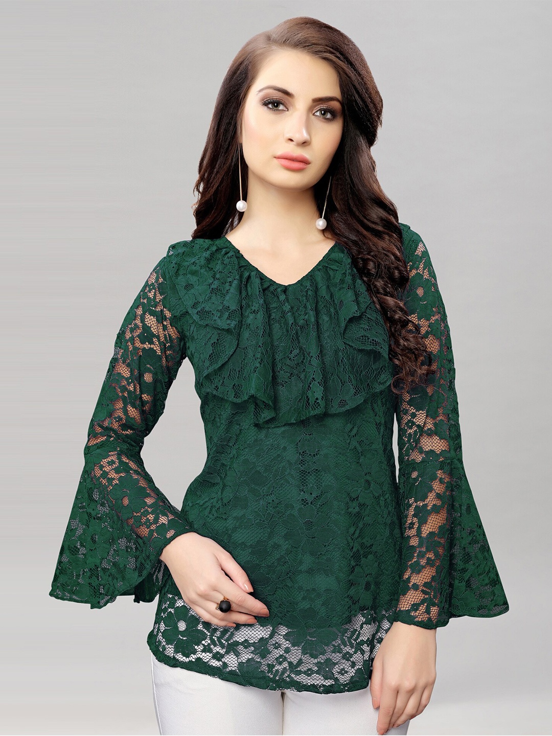 

Selvia V-Neck Bell Sleeve Ruffles Lace Net Top, Green