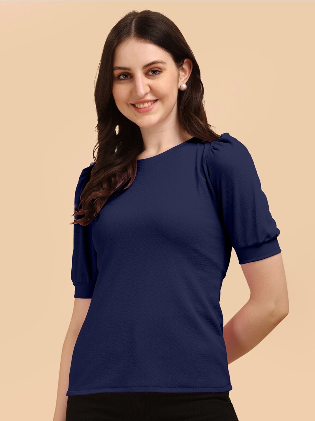 

Selvia Round Neck Puff Sleeves Lycra Top, Blue
