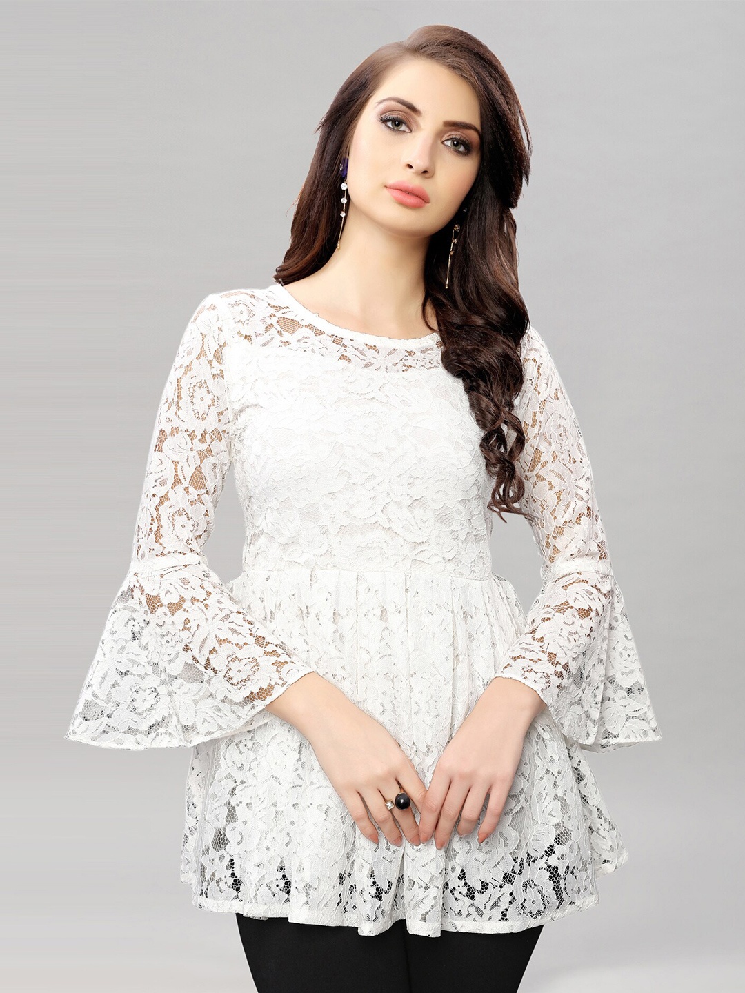 

Selvia Boat Neck Bell Sleeve Net Peplum Top, White