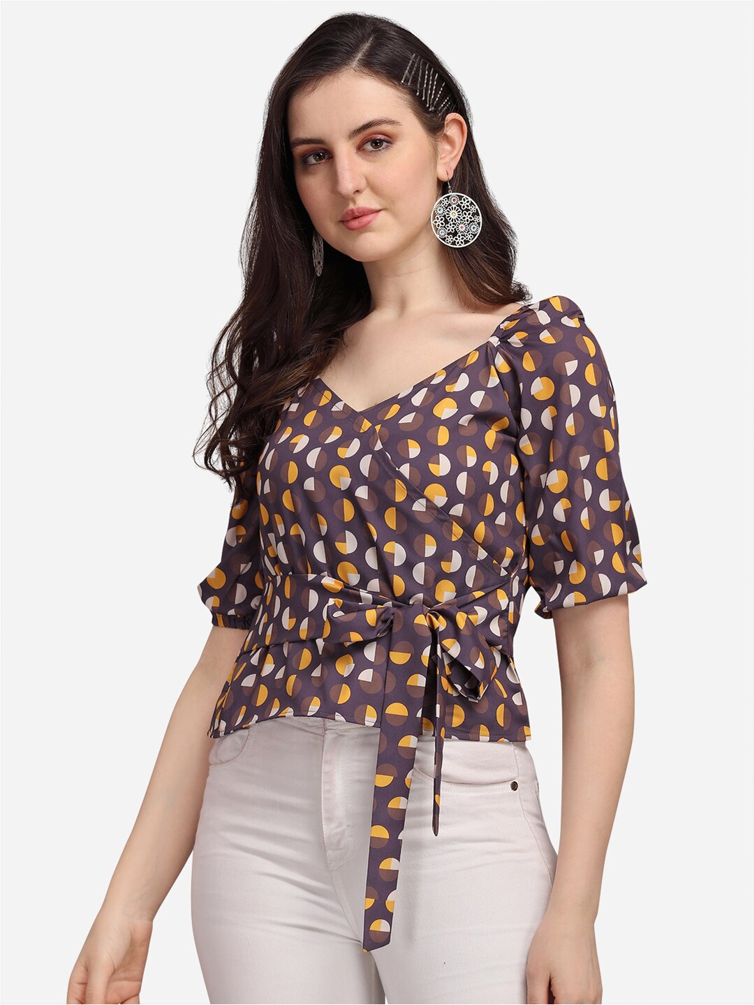 

Selvia Geometric Printed Puff Sleeves Crepe Wrap Top, Purple