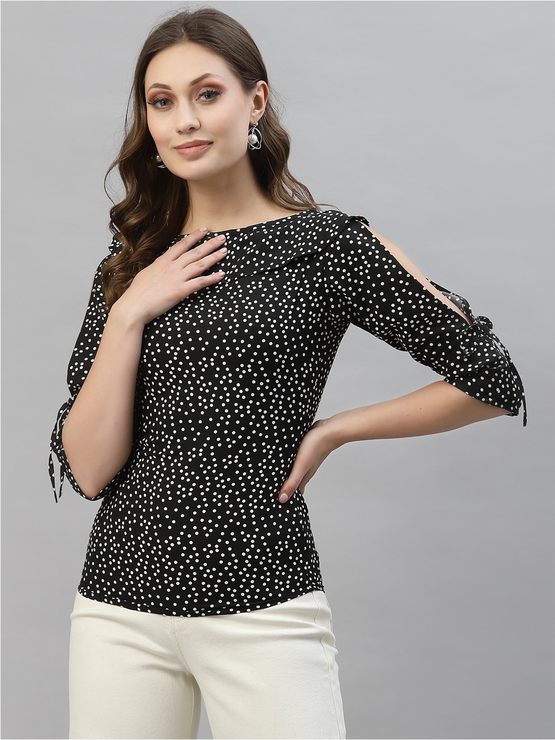

Selvia Boat Neck Polka Dot Printed Slit Sleeve Top, Black