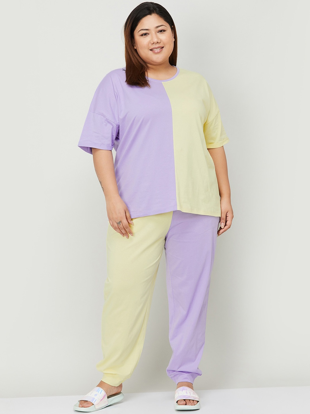 

Nexus by Lifestyle Plus Size Colourblocked Pure Cotton Night Suit, Lavender