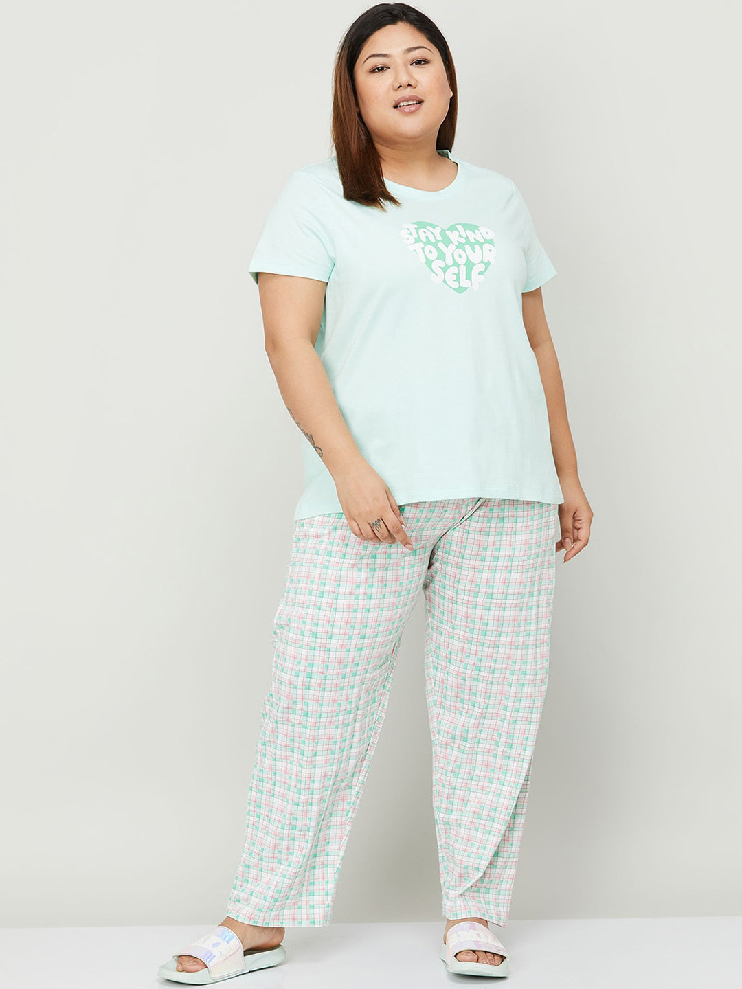 

Nexus by Lifestyle by Lifestyle Plus Size Typography Printed Pure Cotton Night Suit, Green