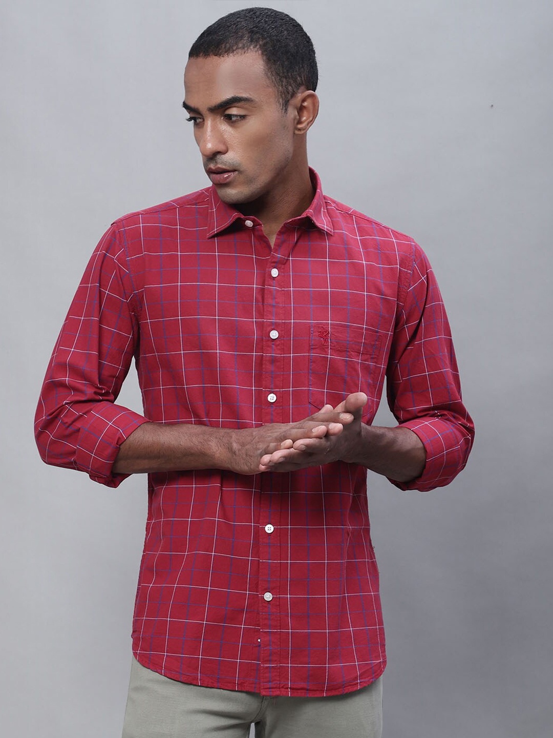 

Cantabil Windowpane Checked Cotton Casual Shirt, Red