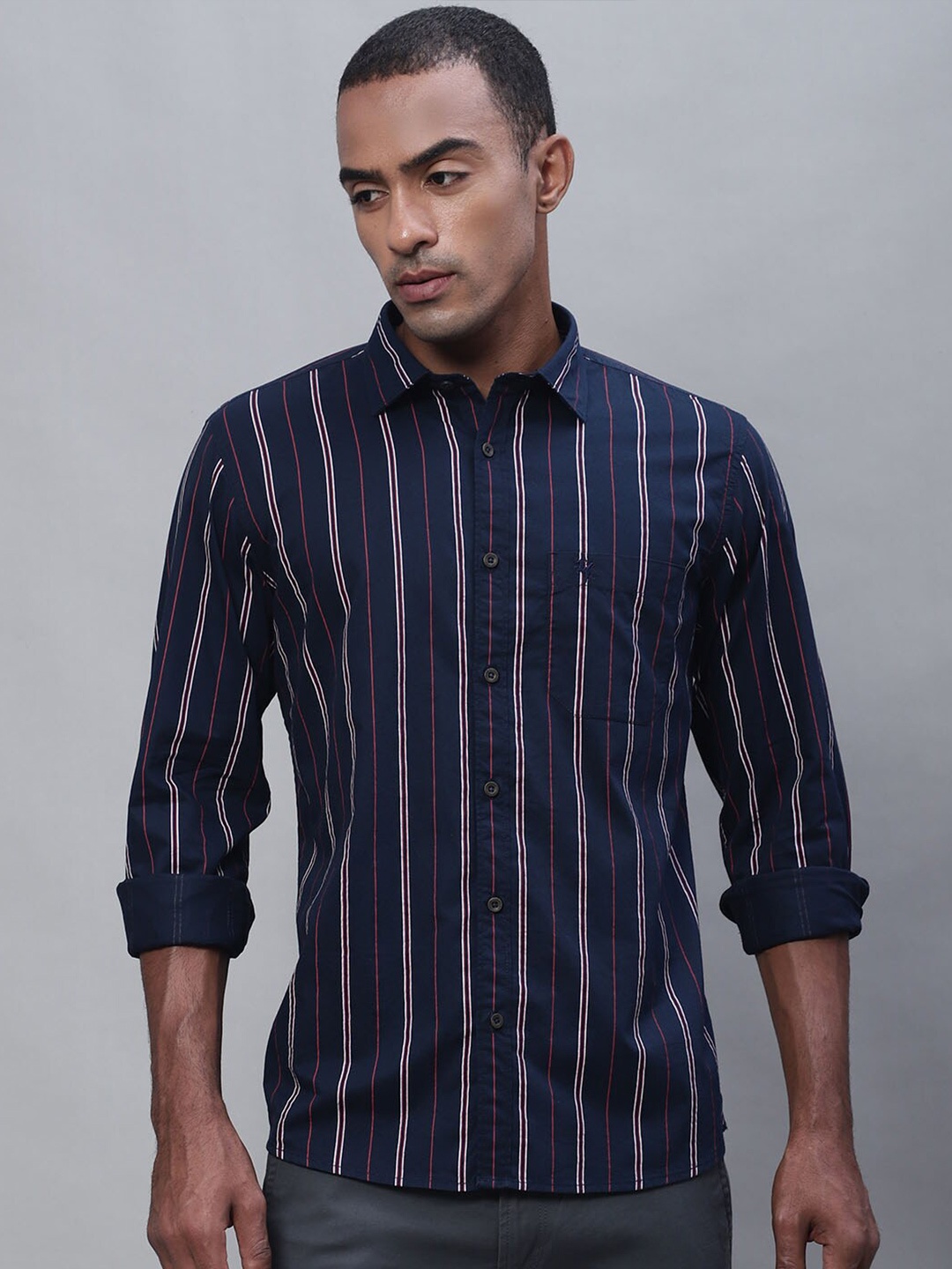 

Cantabil Men Cotton Opaque Striped Casual Shirt, Navy blue