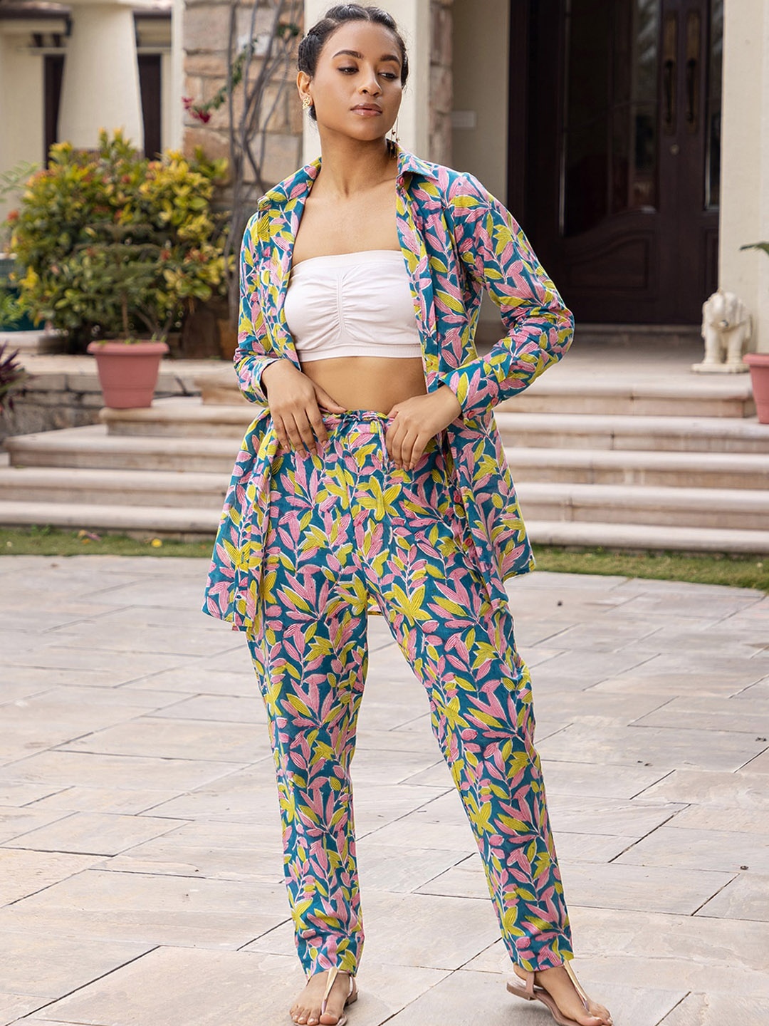 

Ambraee Floral Printed Spread Collar Long Sleeves Shirt With Trousers Co-Ords, Teal