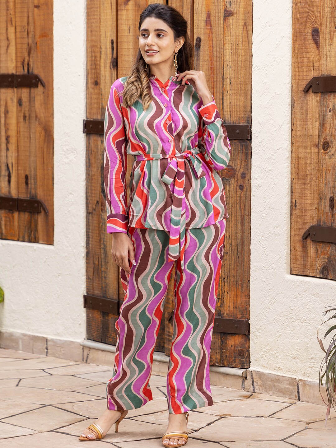

Ambraee Printed Waist Tie-Up Shirt With Trousers, Pink