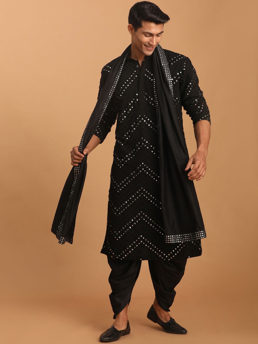 

VASTRAMAY Embroidered Mirror Work Kurta with Dhoti Pants & Dupatta, Black