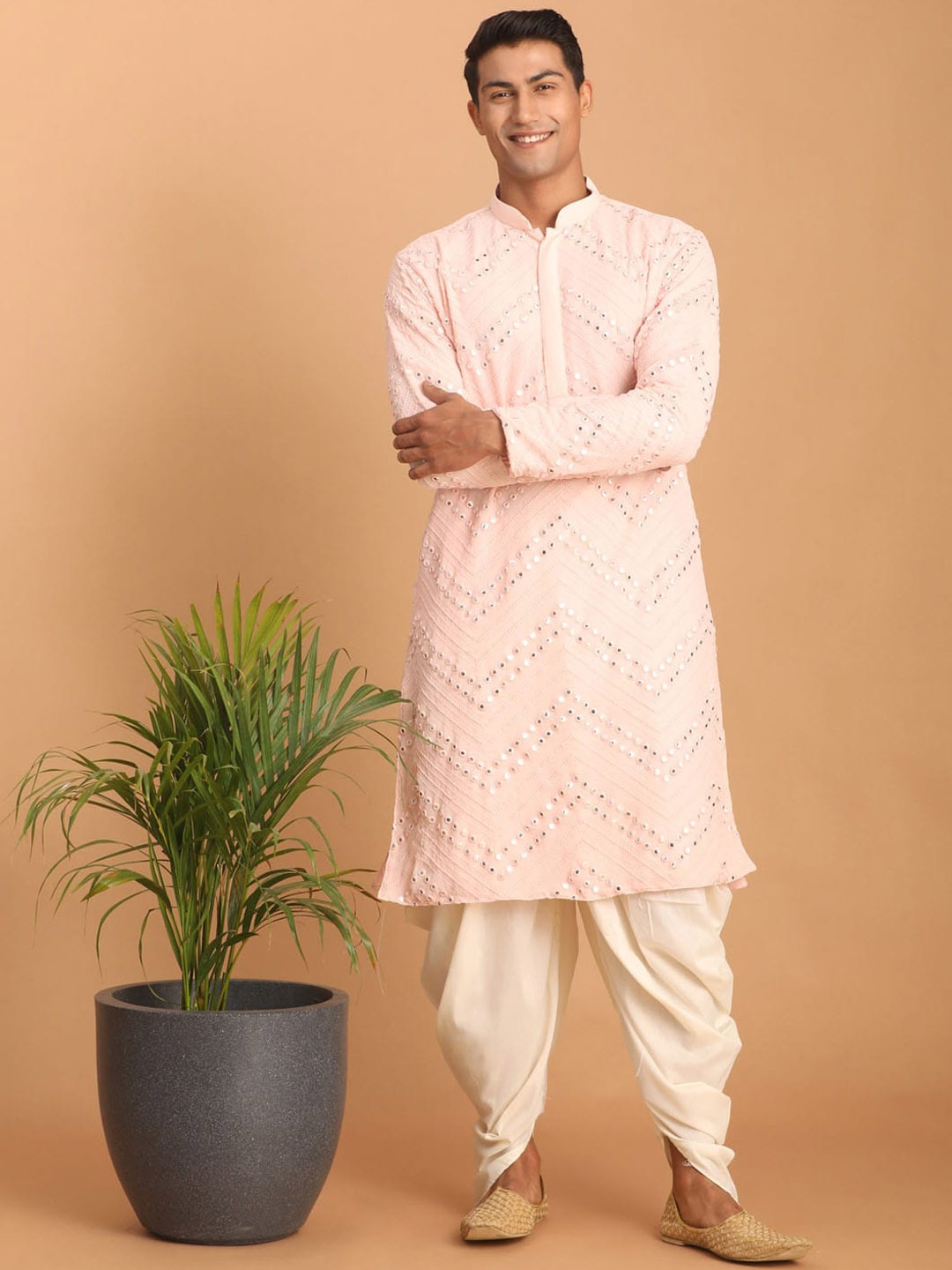 VASTRAMAY Chevron Embroidered Mirror Work Kurta with Dhoti Pants, Peach