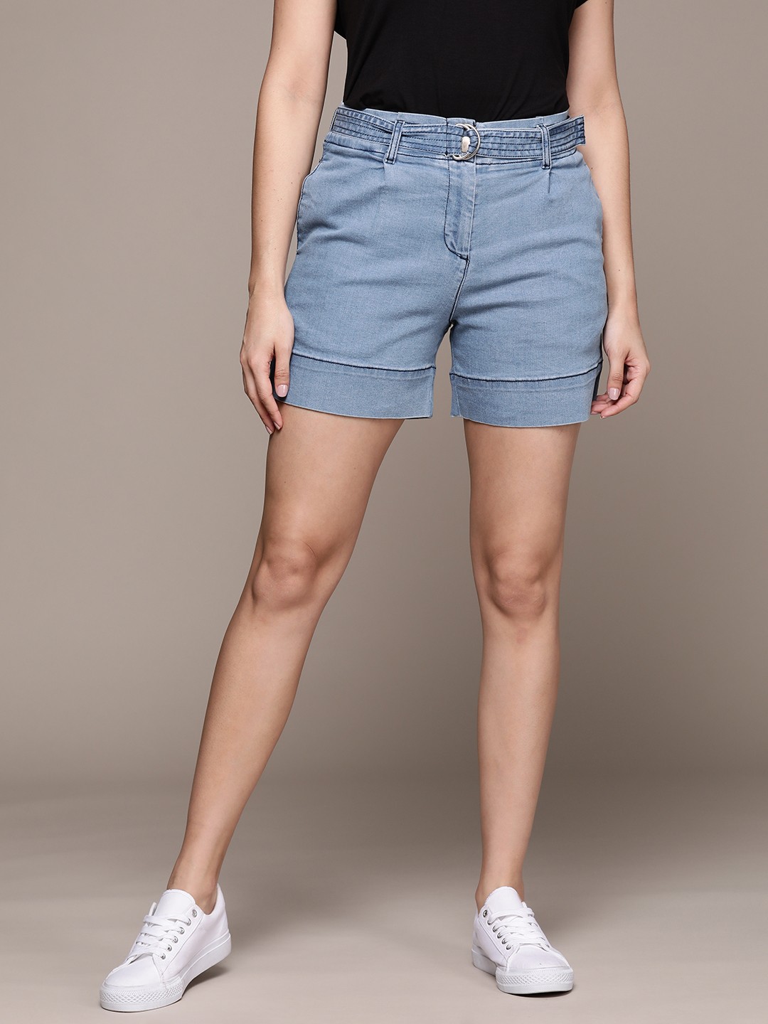 

Label Ritu Kumar Women High-Rise Denim Shorts With Belt, Blue