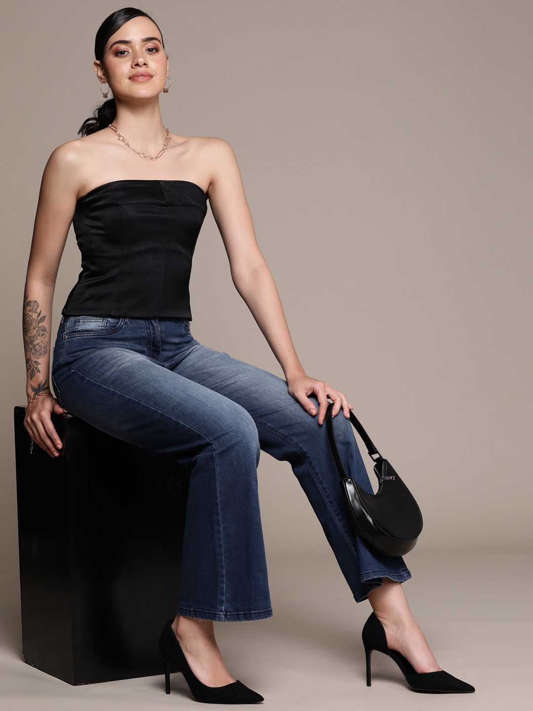 

Label Ritu Kumar Women Wide Leg Light Fade Jeans, Blue