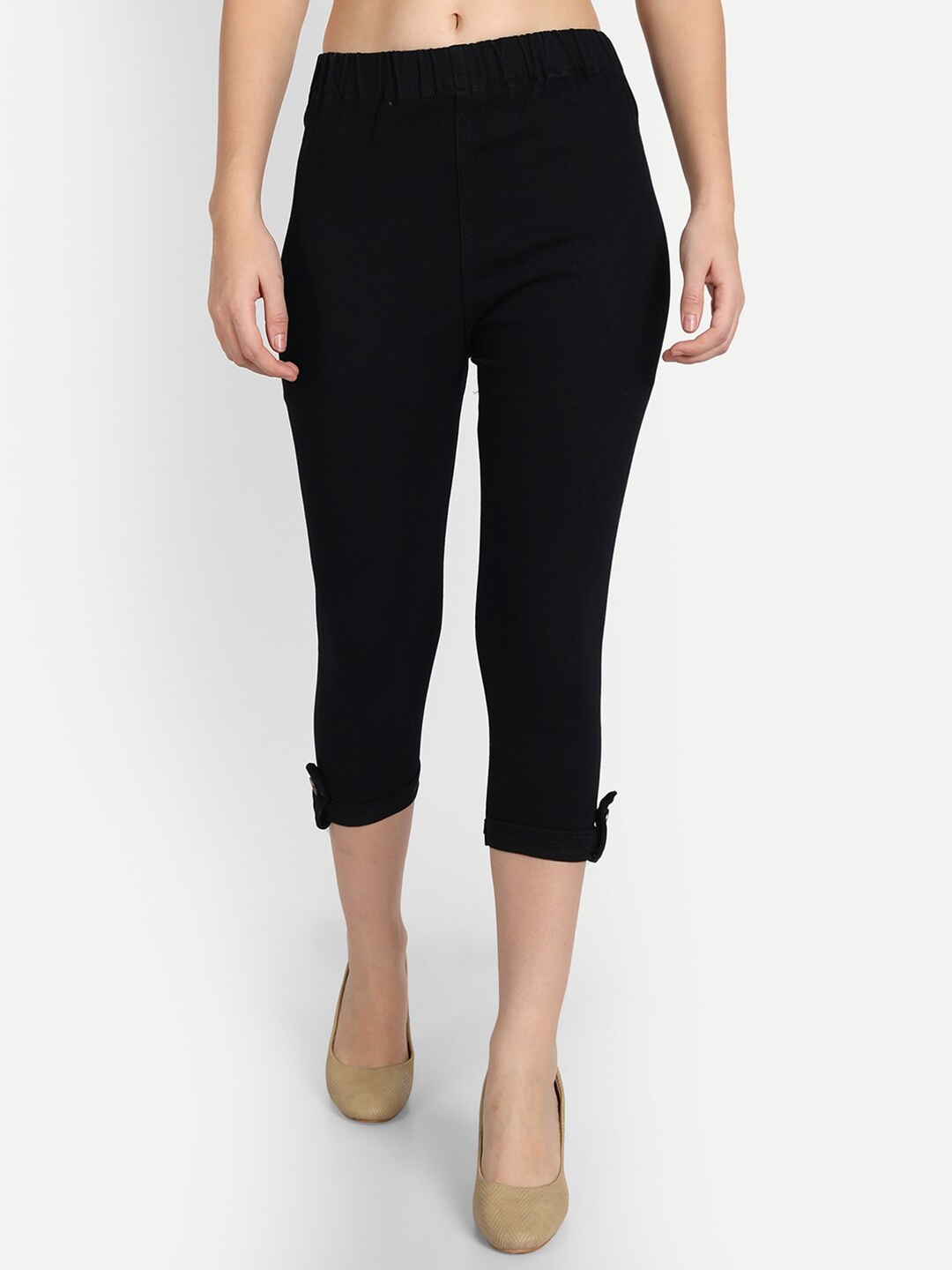 

AngelFab Women Skinny Fit Cotton Mid-Rise Capris, Black