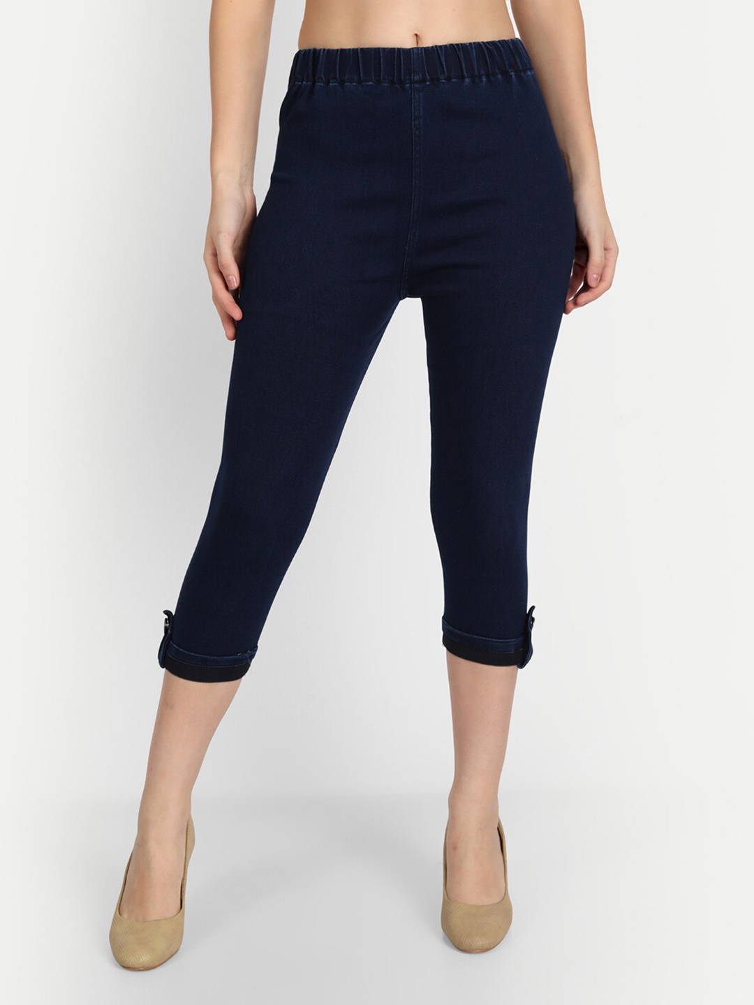 

AngelFab Women Skinny Fit Cotton Mid-Rise Capris, Navy blue