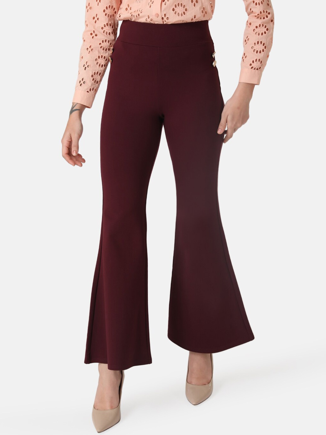 

Kazo Women Regular Fit High-Rise Trousers, Maroon