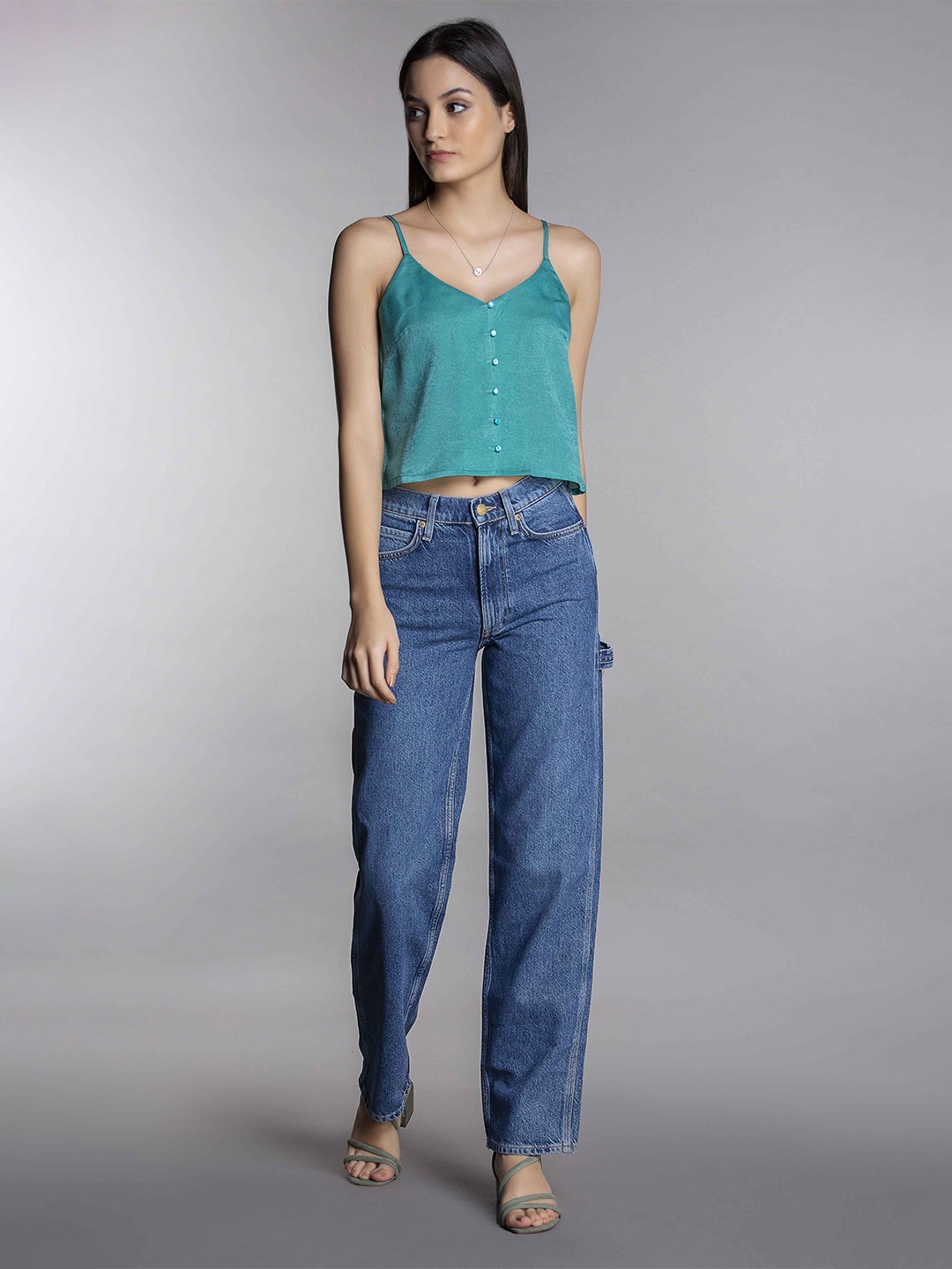 

MKOAL Shoulder Straps Satin Crop Top, Green