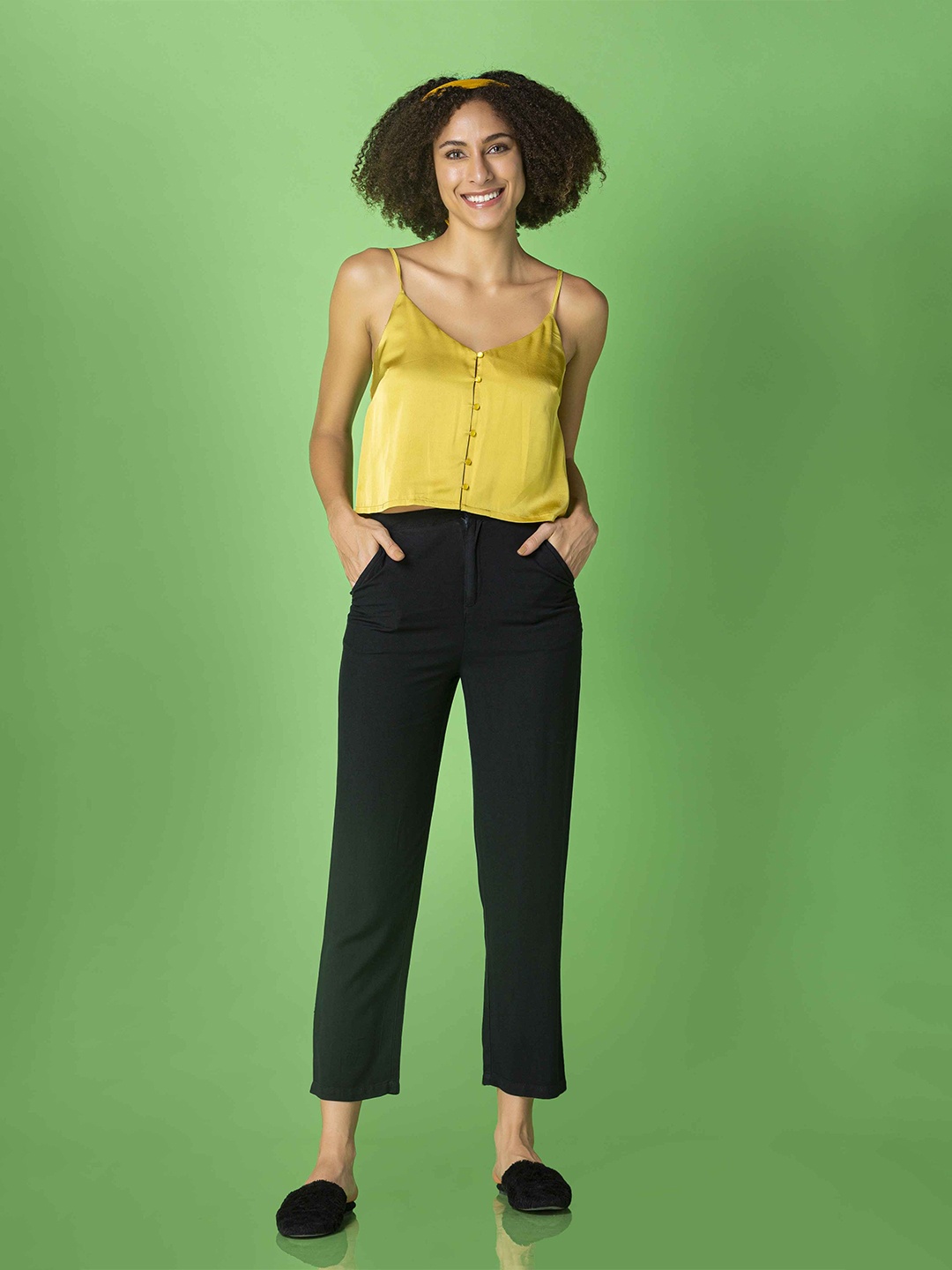 

MKOAL Shoulder Straps Satin Crop Top, Lime green