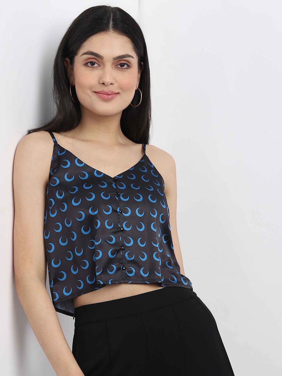 

MKOAL Floral Print Satin Crop Top, Black
