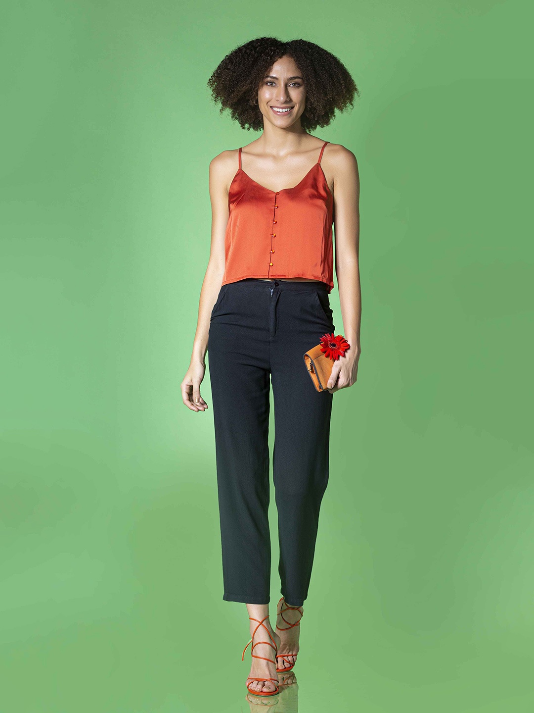 

MKOAL Shoulder Straps Satin Top, Orange