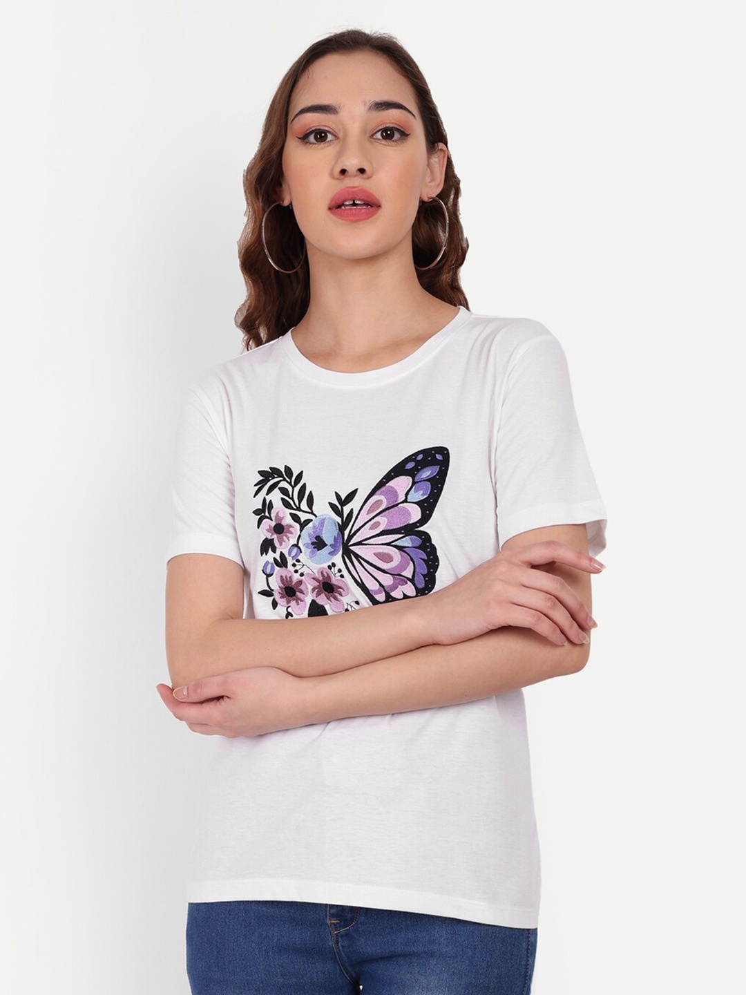 

Sttavoss Self Design Embroidered Round Neck Pure Cotton T-shirt, White