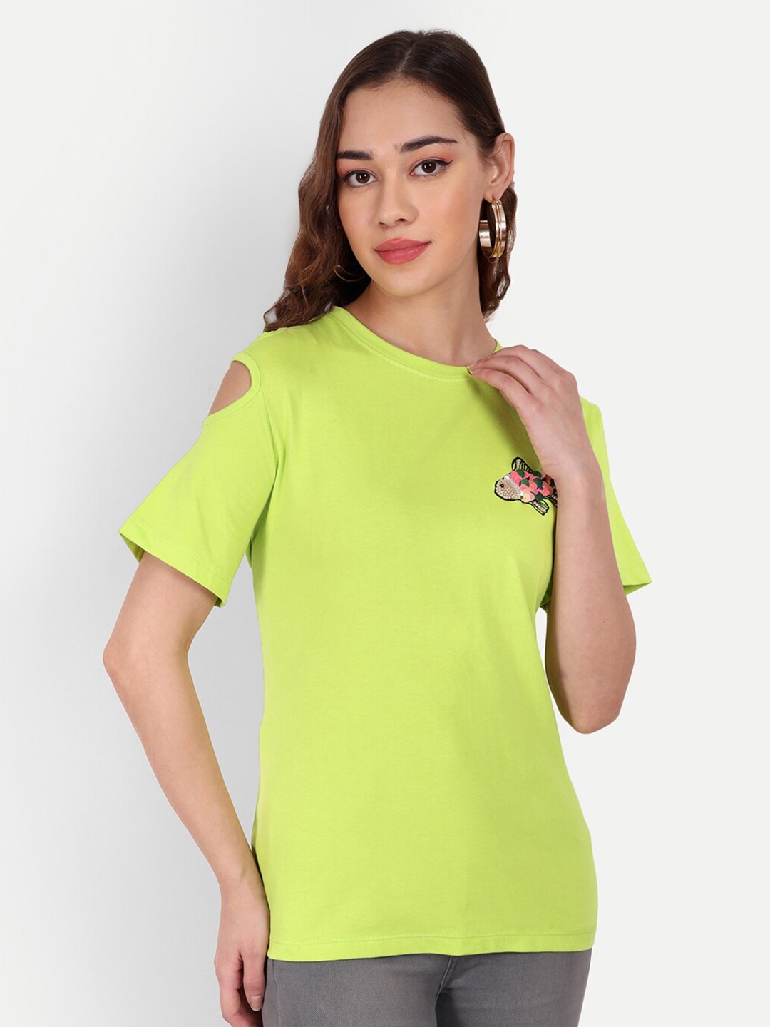 

Sttavoss Embellished Round Neck Pure Cotton T-shirt, Lime green