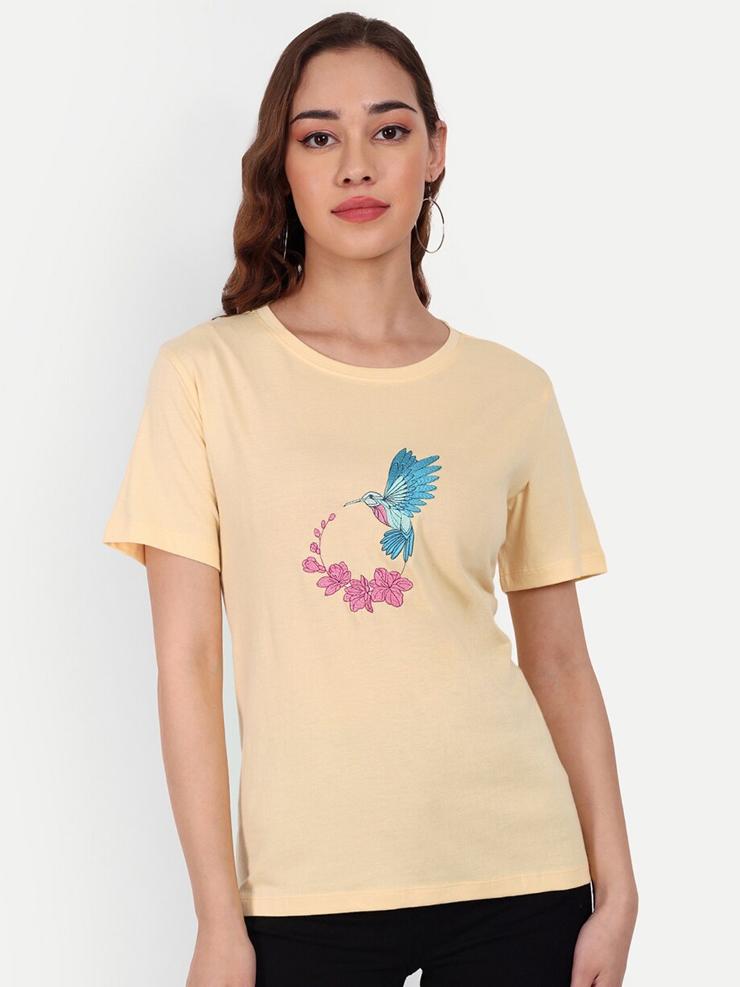 

Sttavoss Self Design Embroidered Round Neck Pure Cotton T-shirt, Beige