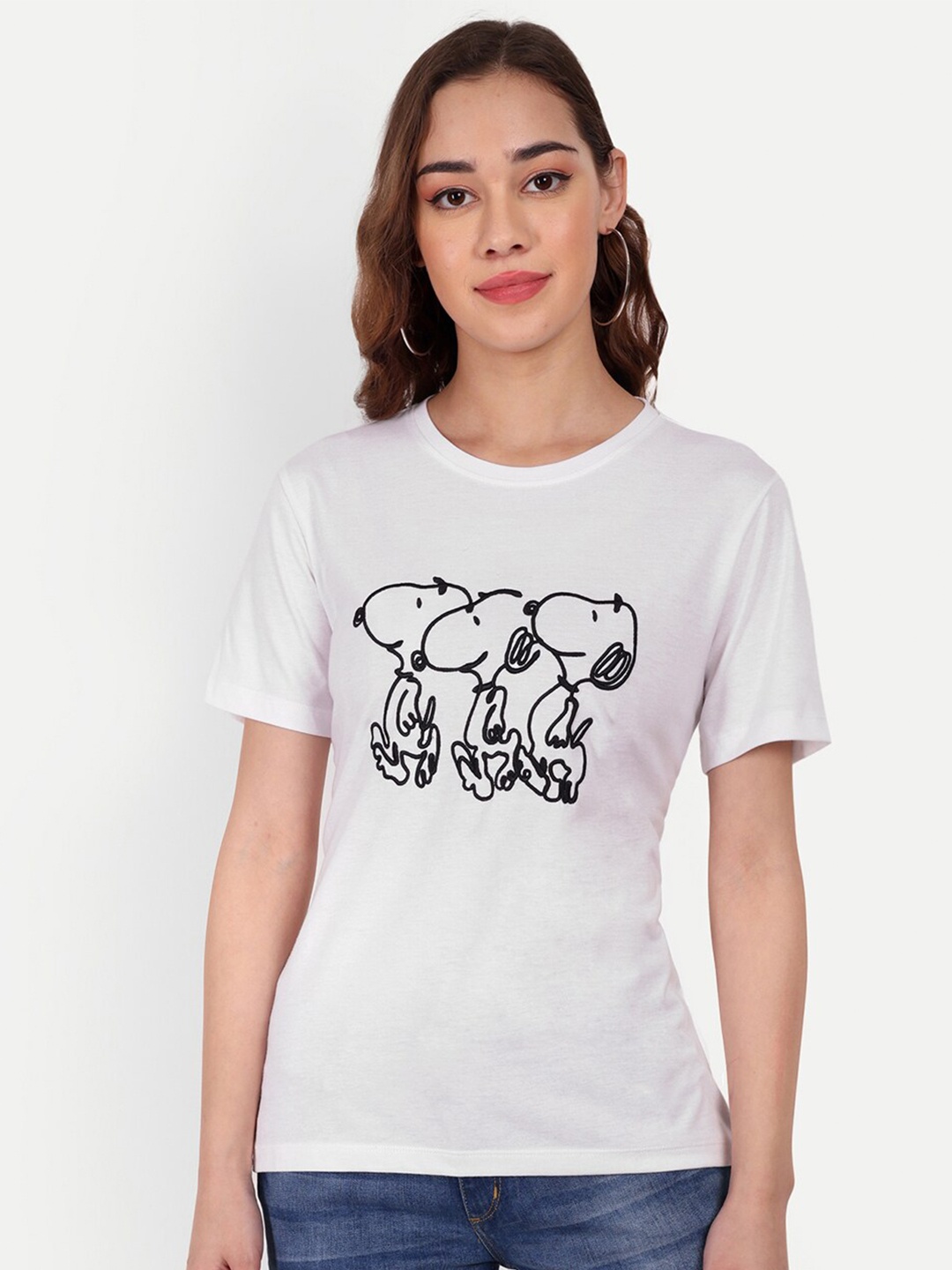 

Sttavoss Snoopy Embroided Casual Pure Cotton T-shirt, White