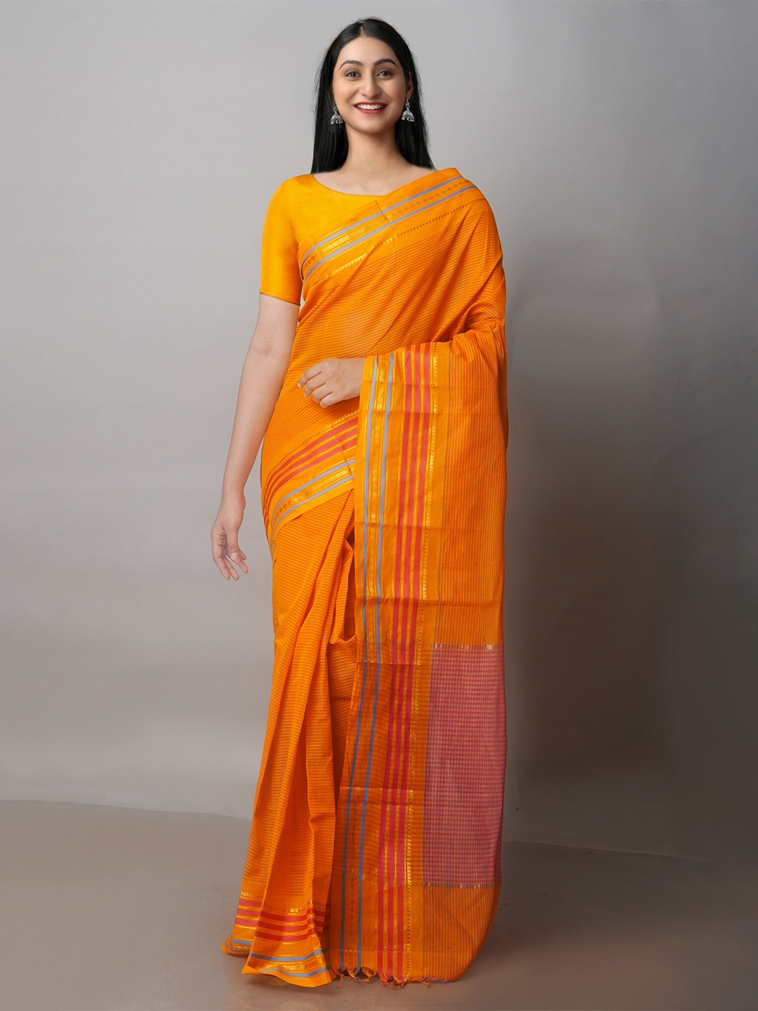

Unnati Silks Striped Zari Mangalagiri Saree, Orange