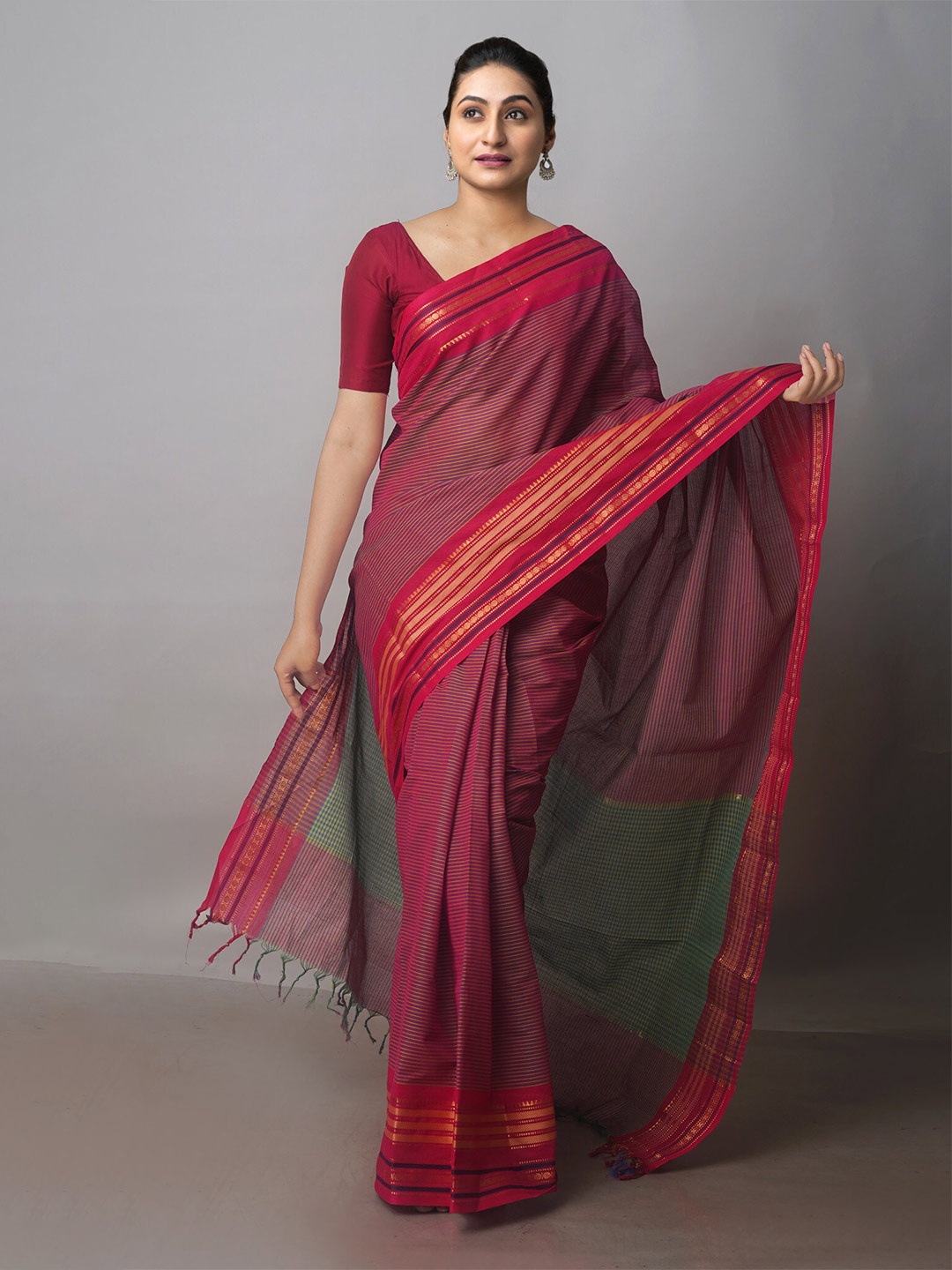 

Unnati Silks Striped Zari Mangalagiri Saree With Woven Border, Pink