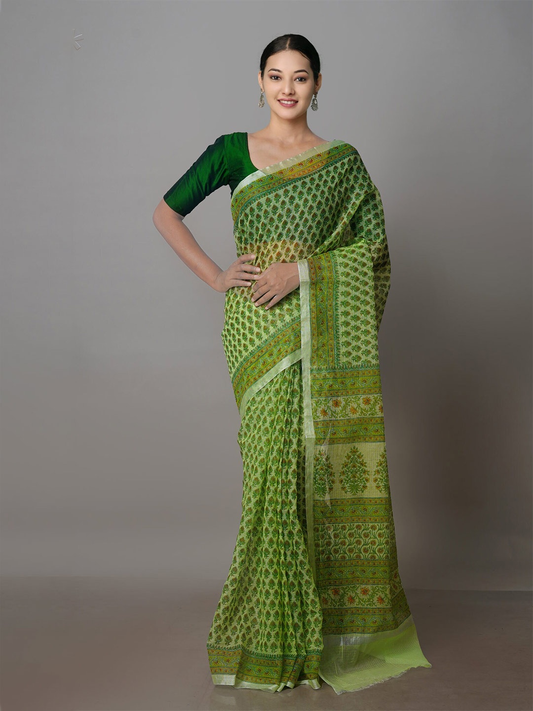 

Unnati Silks Ethnic Motifs Printed Zari Pure Cotton Kota Saree, Green