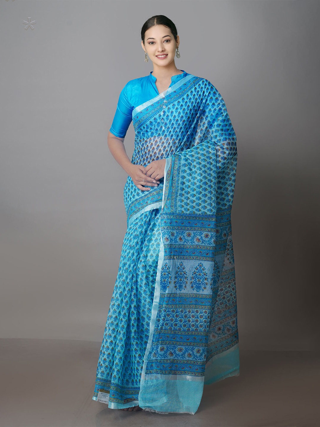 

Unnati Silks Ethnic Motifs Printed Zari Pure Cotton Kota Saree, Blue