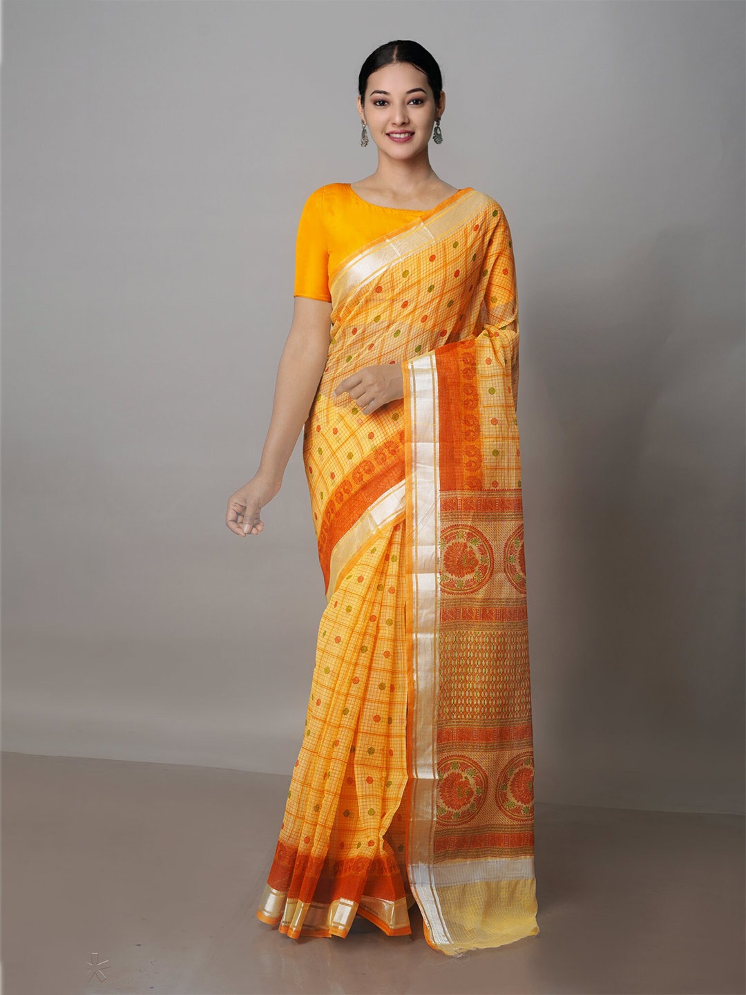 

Unnati Silks Checked Zari Pure Cotton Kota Saree, Yellow
