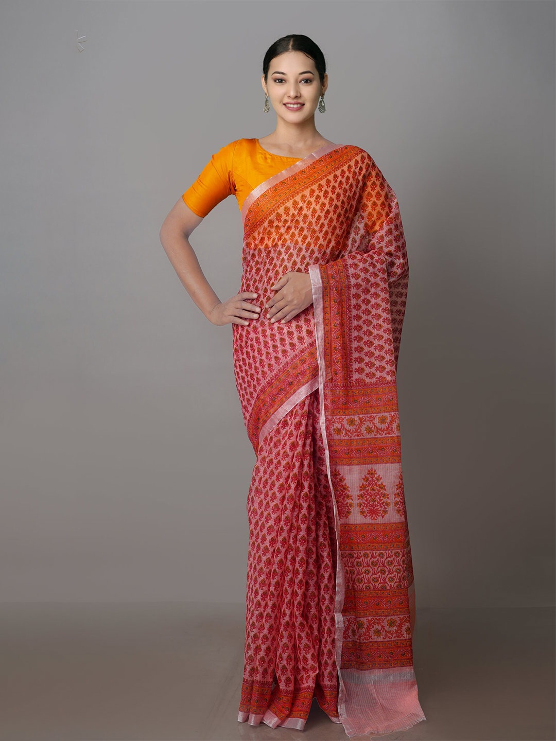 

Unnati Silks Floral Printed Zari Pure Cotton Kota Handloom Saree, Pink