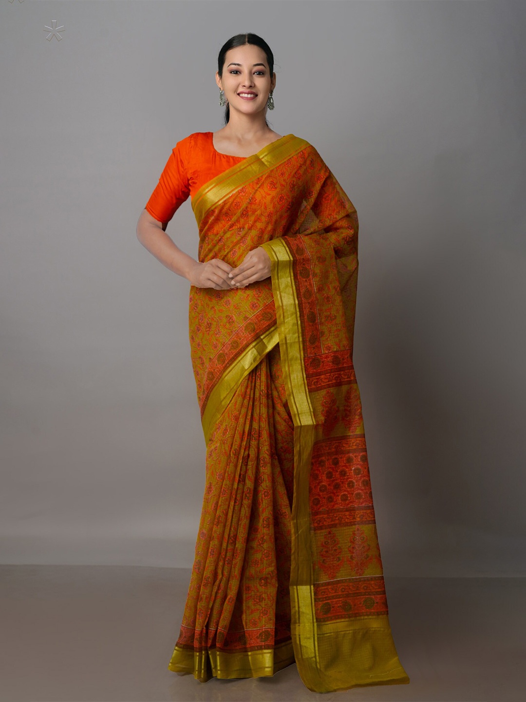 

Unnati Silks Floral Printed Zari Pure Cotton Kota Handloom Saree, Green