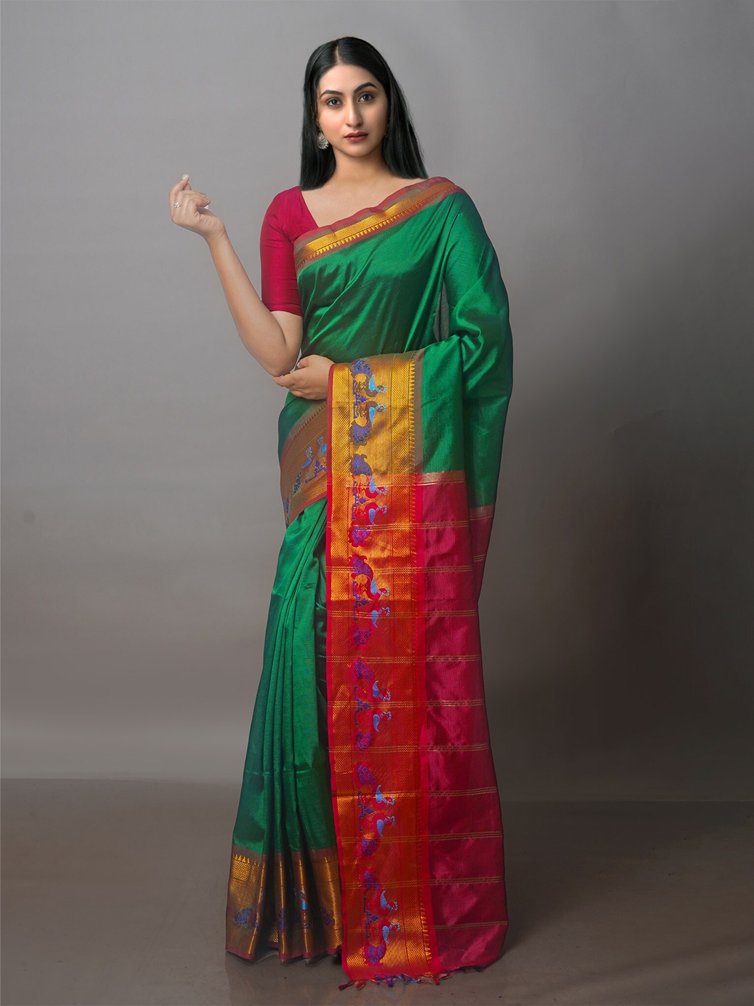 

Unnati Silks Zari Mangalagiri Saree, Green