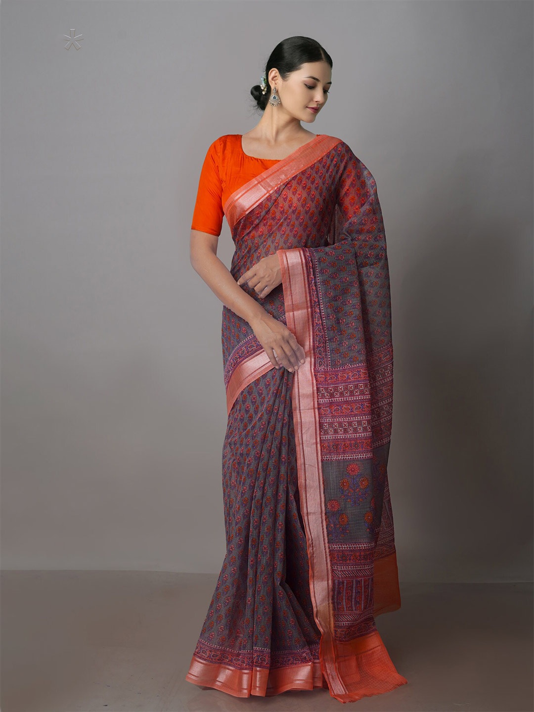 

Unnati Silks Floral Printed Zari Pure Cotton Kota Handloom Saree, Grey