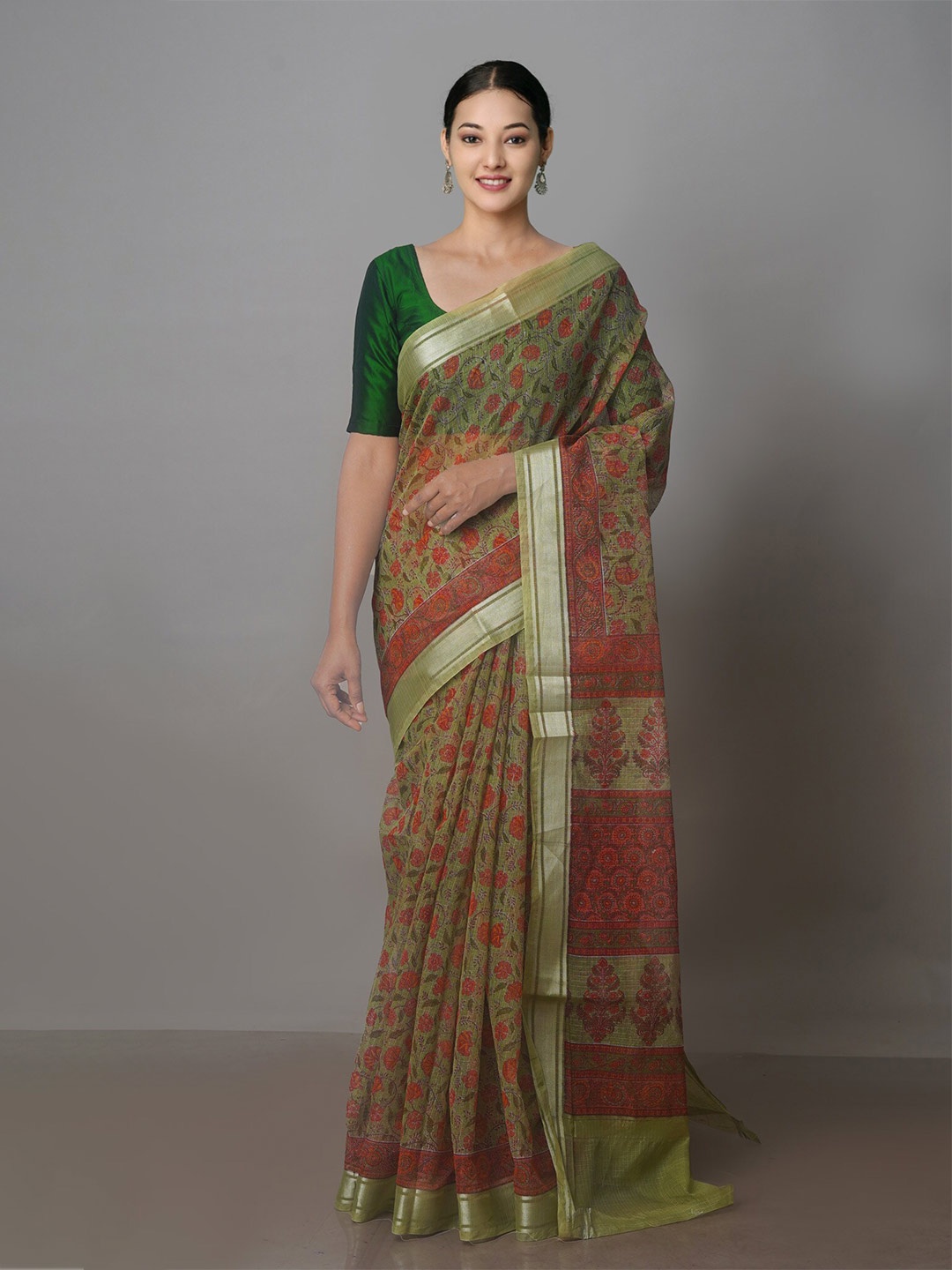 

Unnati Silks Floral Block Printed Zari Pure Cotton Handloom Kota Saree, Green