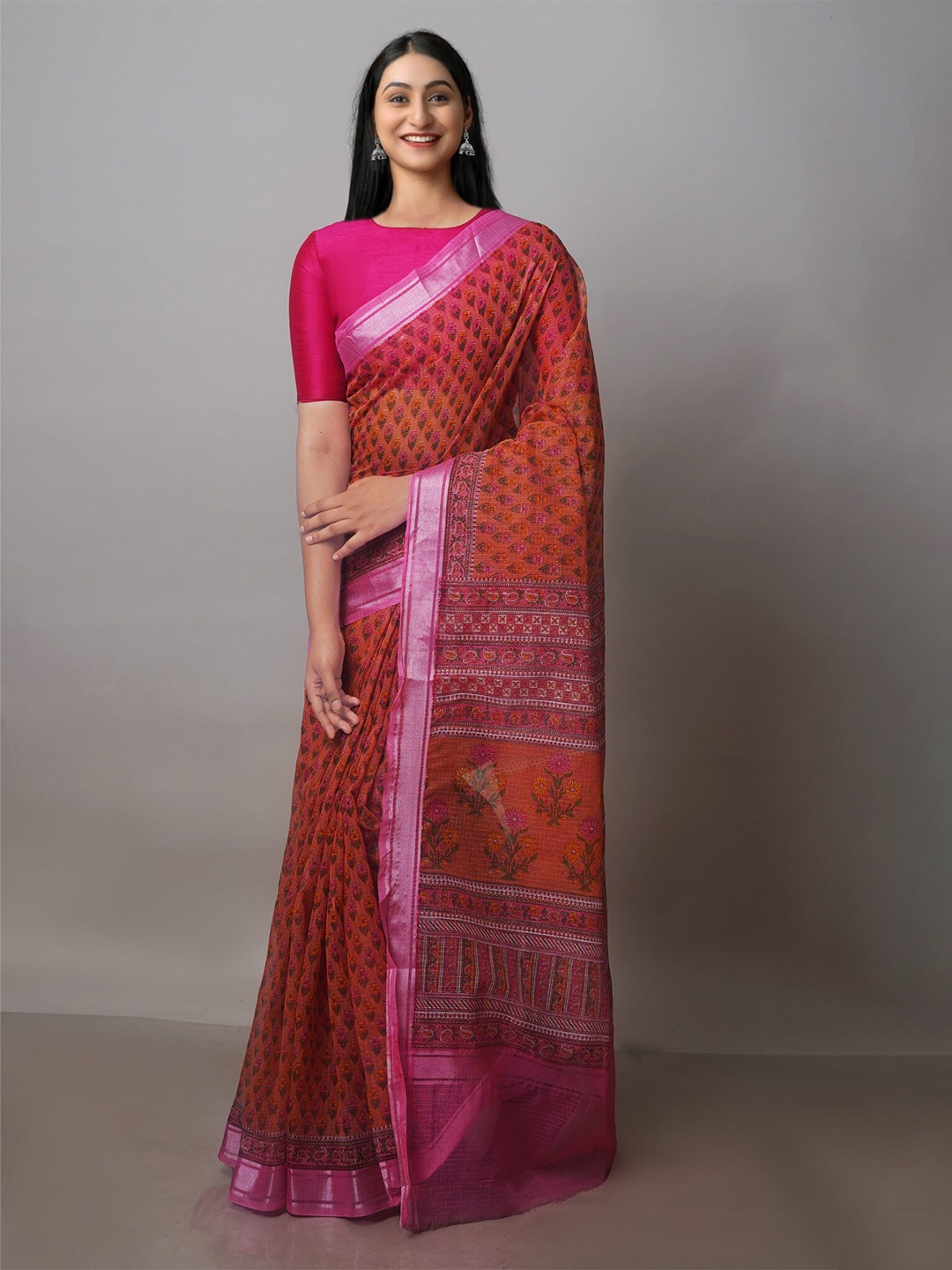 

Unnati Silks Floral Block Printed Zari Pure Cotton Handloom Kota Saree, Orange