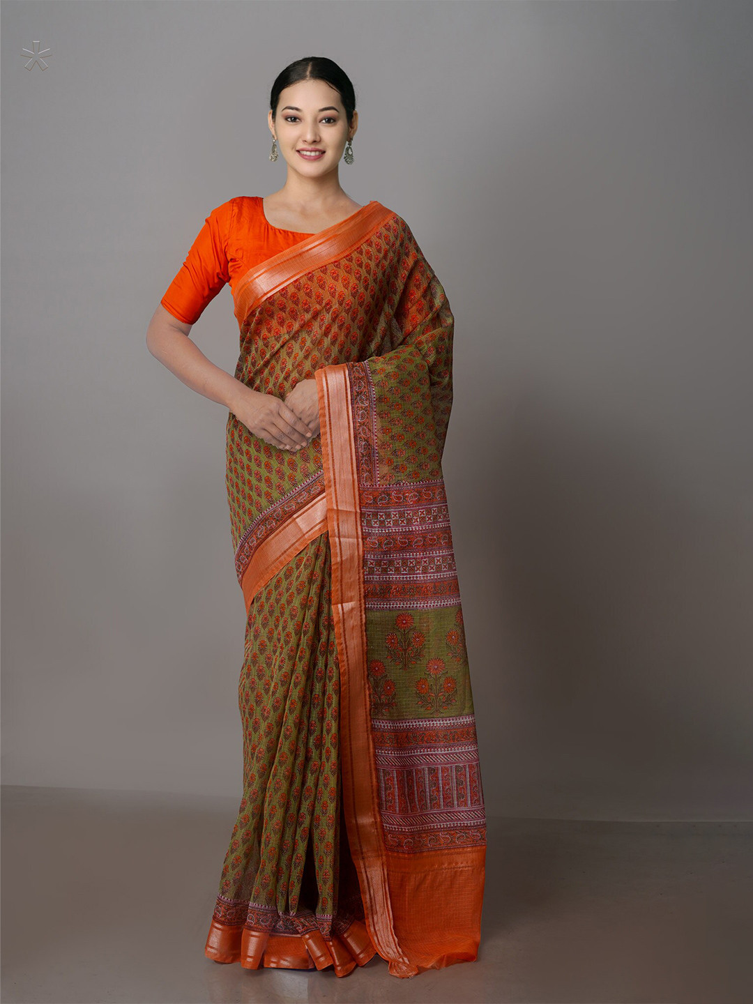 

Unnati Silks Floral Block Printed Zari Pure Cotton Handloom Kota Saree, Green
