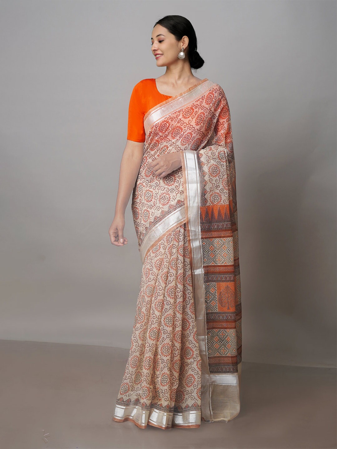 

Unnati Silks Ethnic Motifs Block Printed Zari Pure Cotton Handloom Kota Saree, Beige