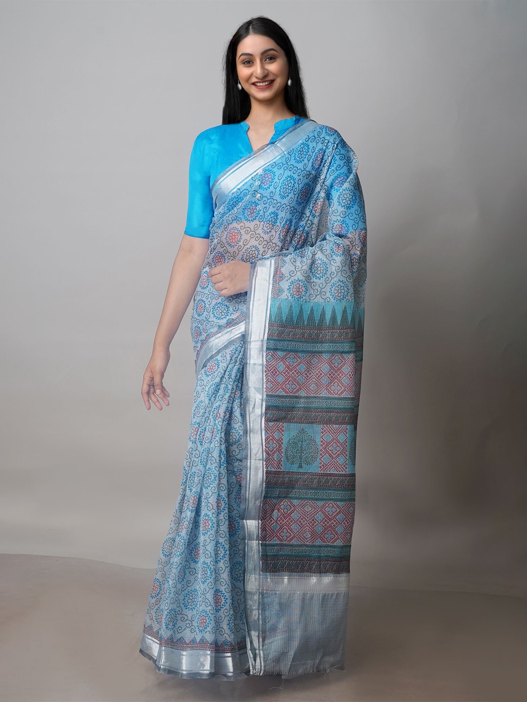 

Unnati Silks Ethnic Motifs Block Printed Zari Pure Cotton Handloom Kota Saree, Blue