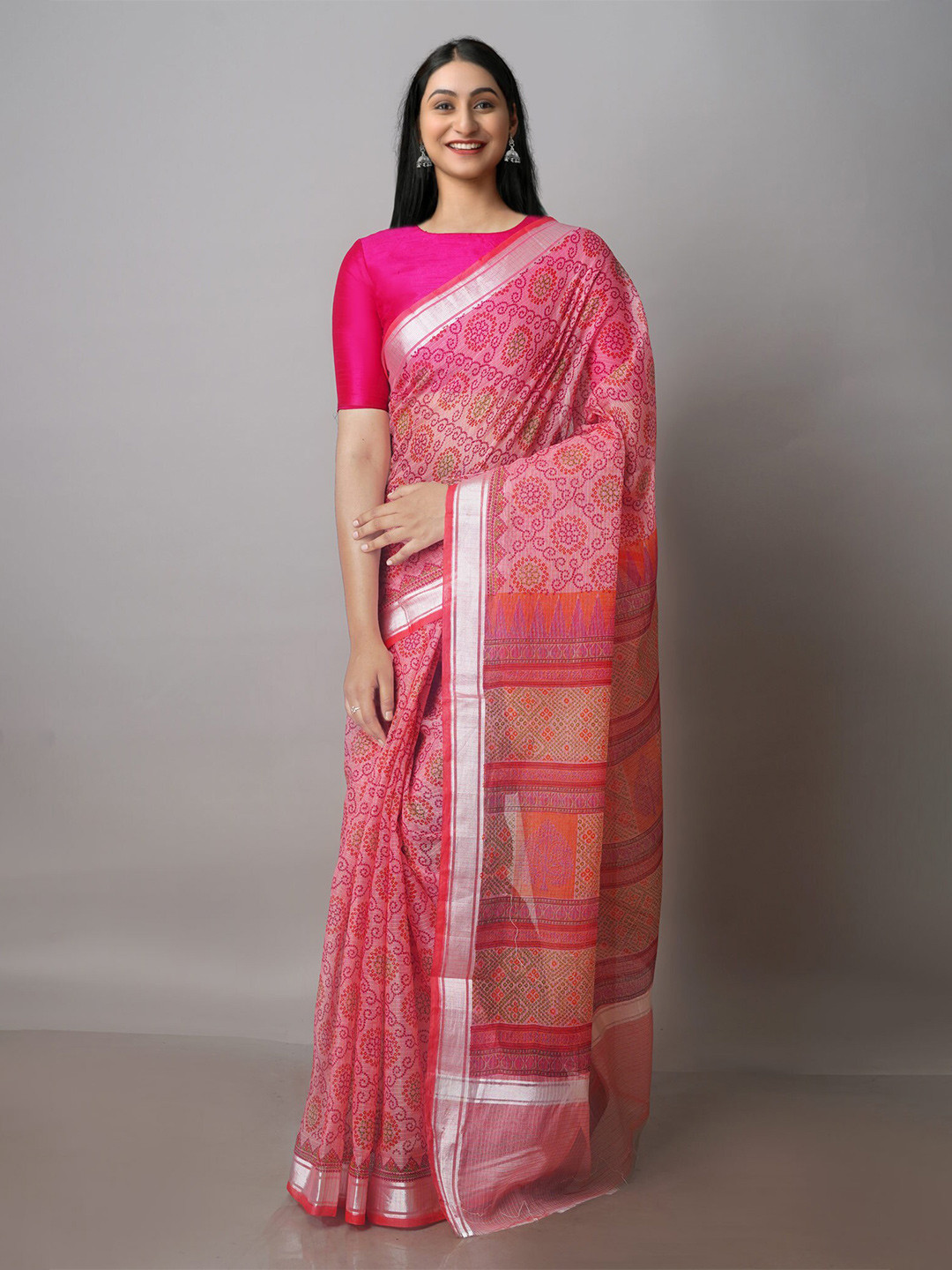 

Unnati Silks Ethnic Motifs Block Printed Zari Pure Cotton Handloom Kota Saree, Pink