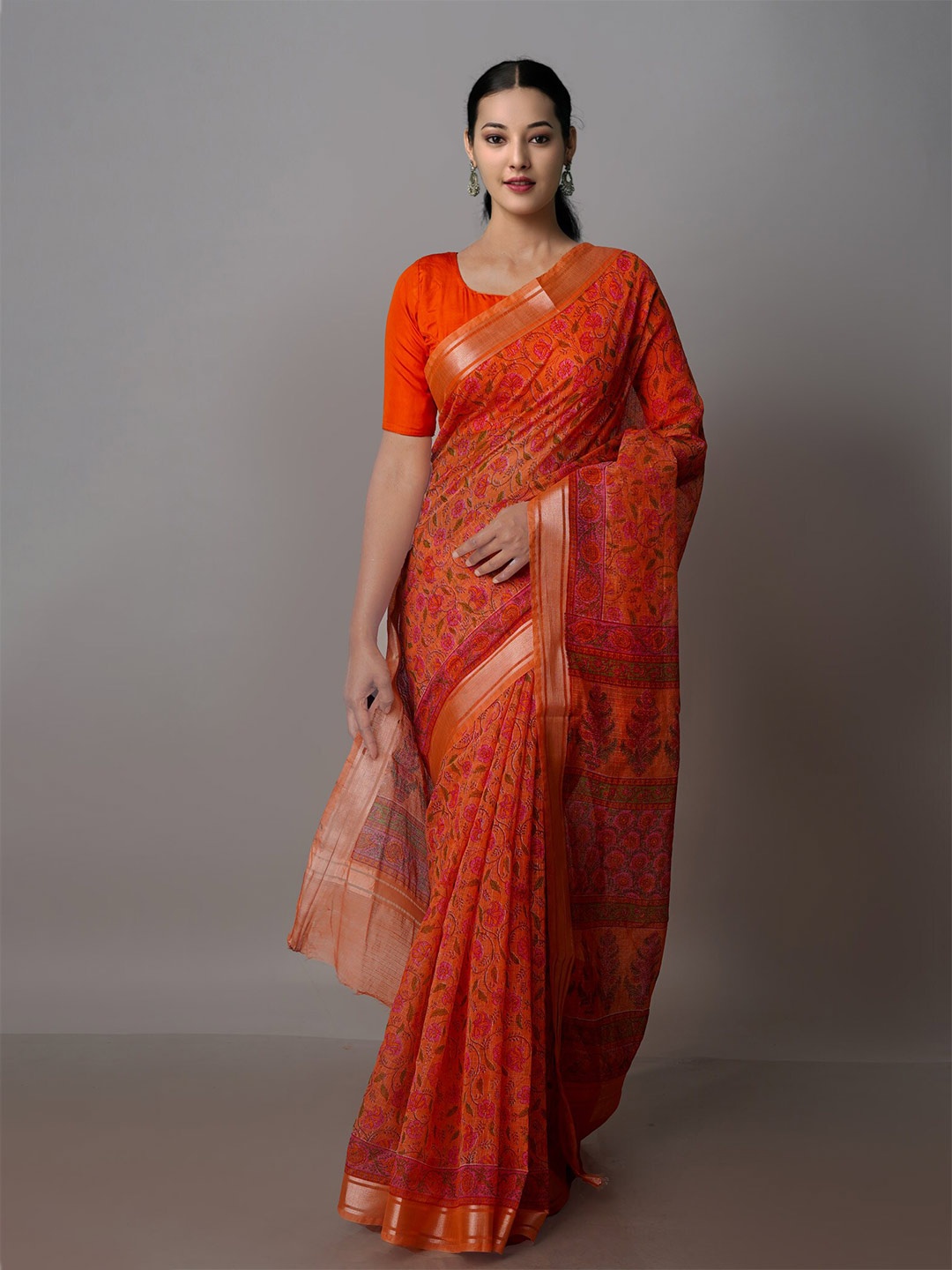 

Unnati Silks Ethnic Motifs Zari Pure Cotton Kota Saree, Orange