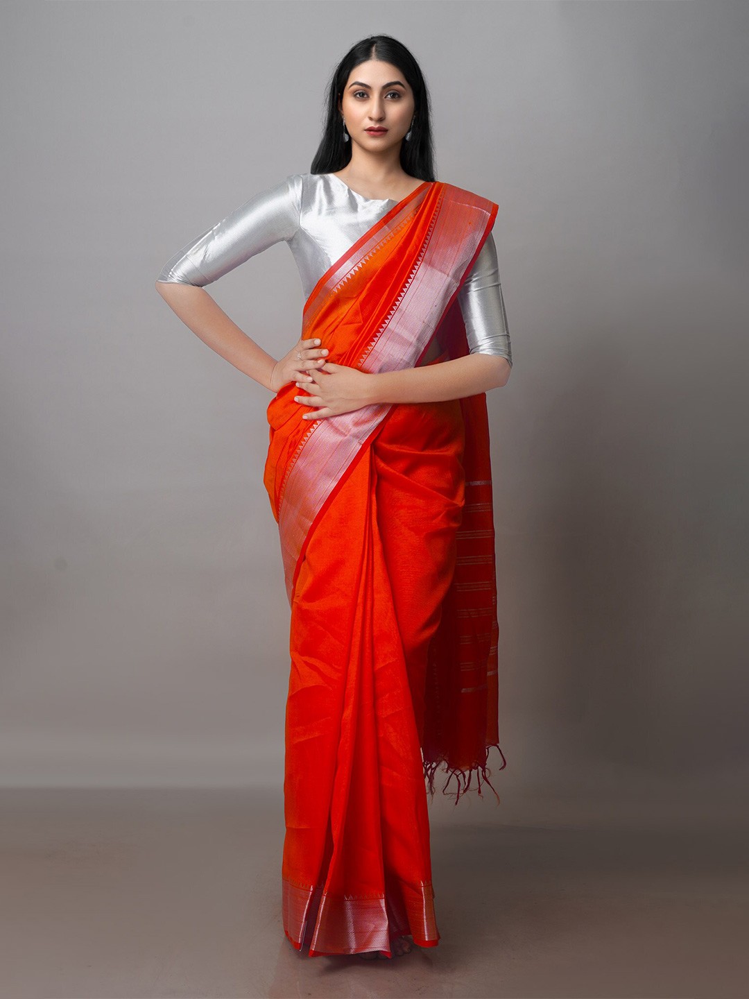 

Unnati Silks Silk Blend Mangalagiri Saree, Orange