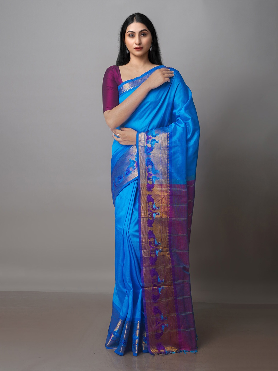 

Unnati Silks Zari Silk Blend Mangalagiri Saree, Blue