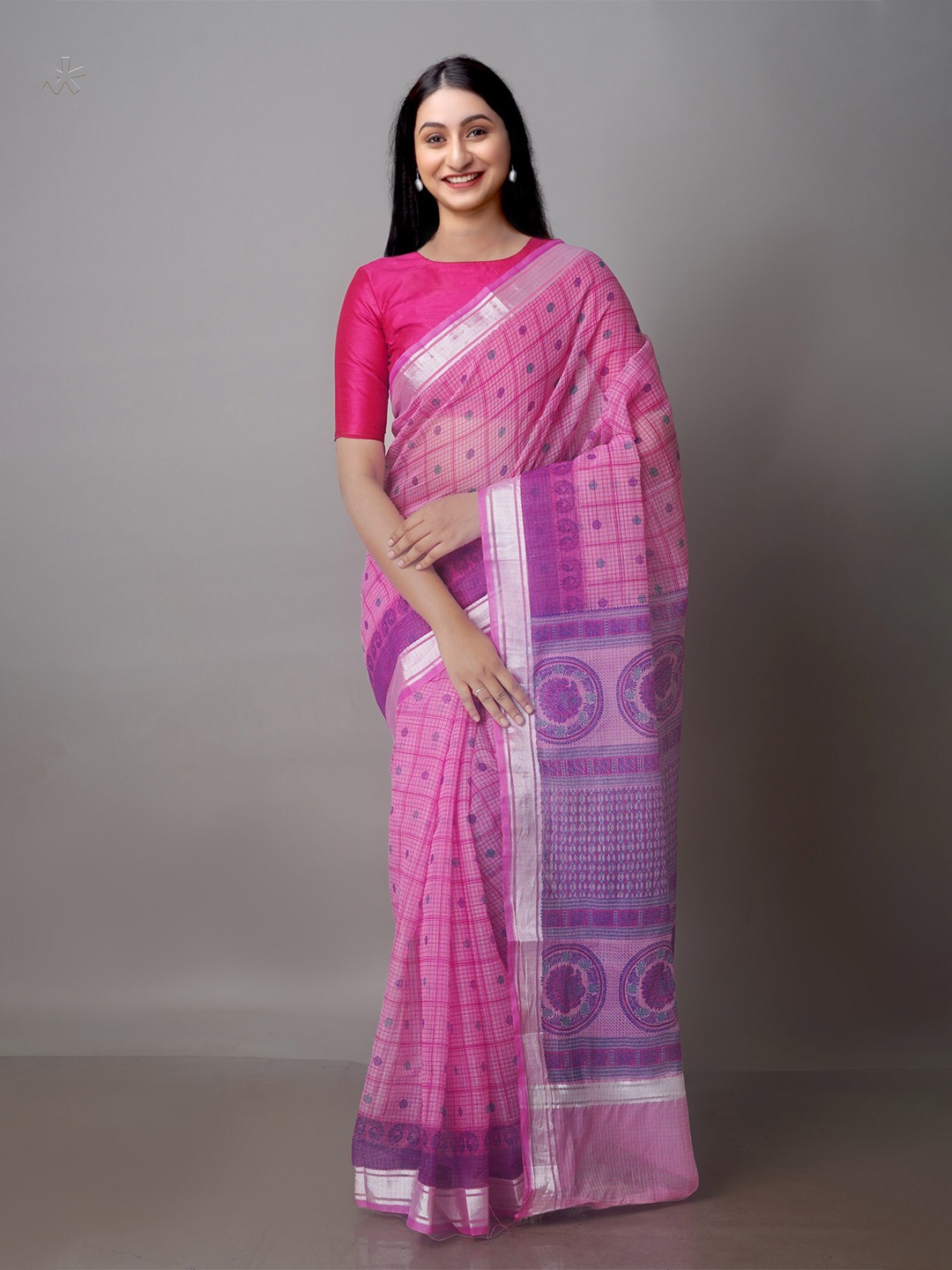 

Unnati Silks Ethnic Motifs Block Printed Zari Pure Cotton Kota Saree, Pink