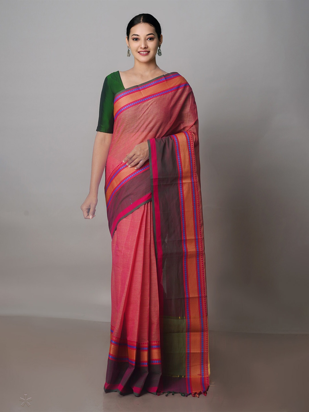

Unnati Silks Woven Design Striped Zari Mangalagiri Saree, Pink