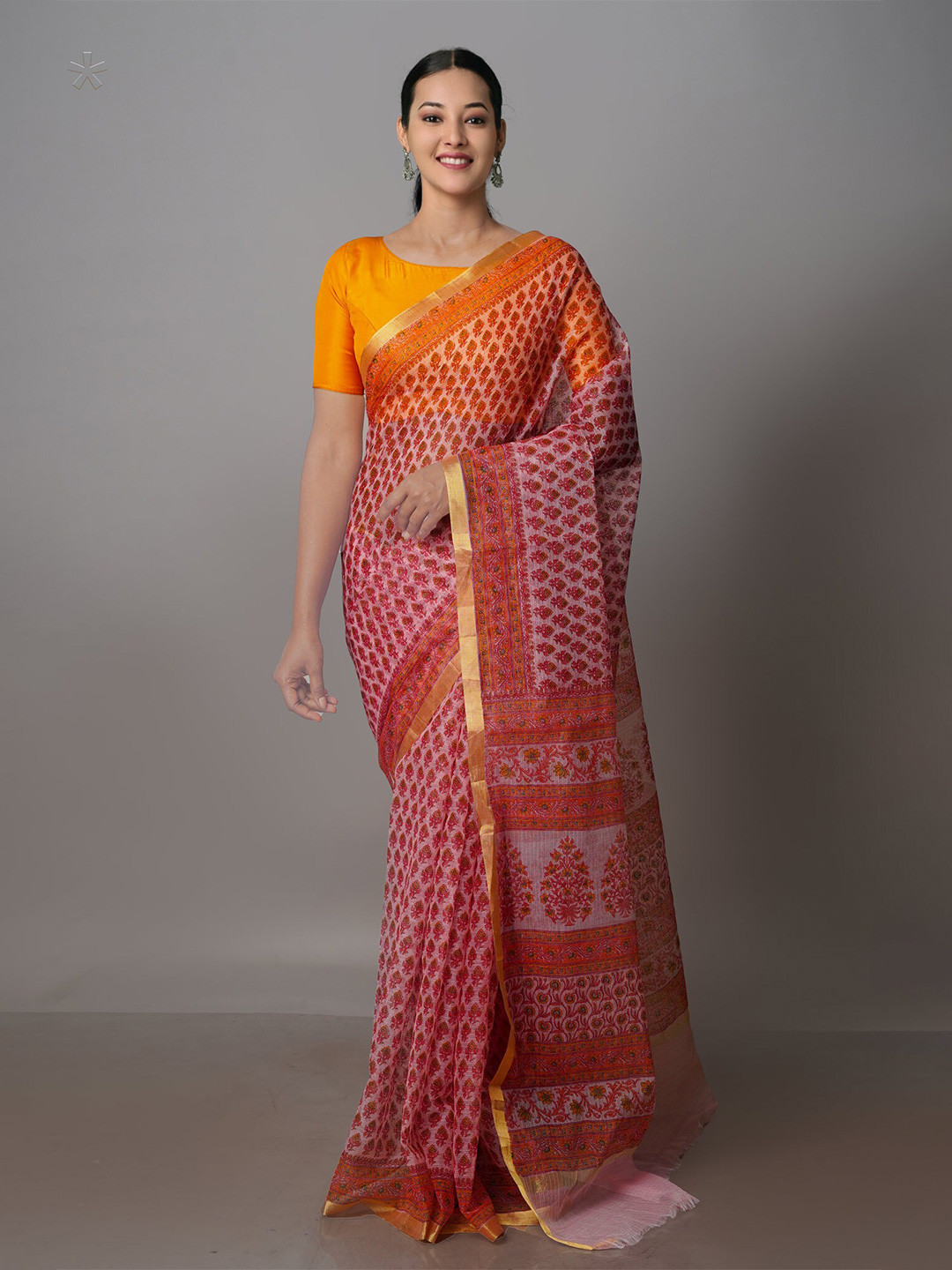 

Unnati Silks Ethnic Motifs Block Printed Zari Pure Cotton Kota Saree, Pink
