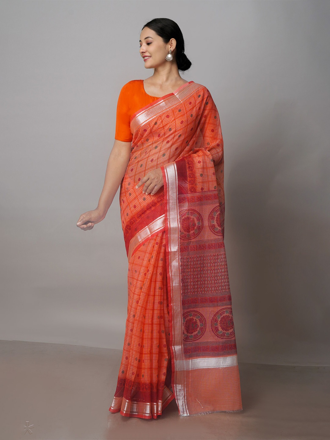 

Unnati Silks Ethnic Motifs Block Printed Zari Pure Cotton Kota Saree, Orange