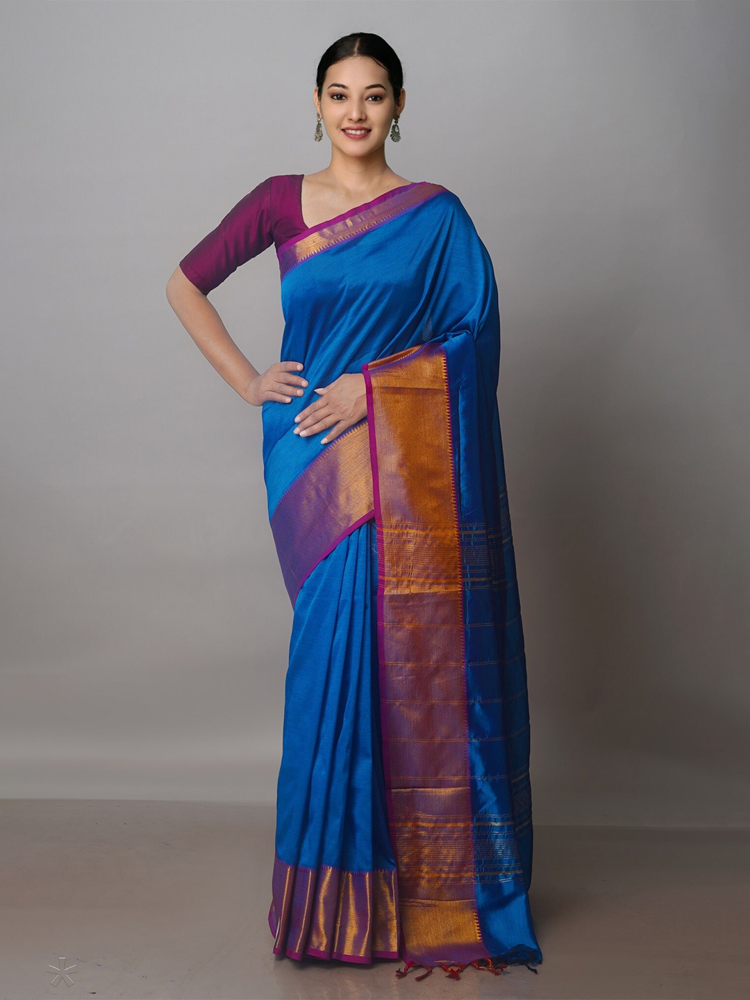 

Unnati Silks Zari Silk Blend Mangalagiri Saree, Blue