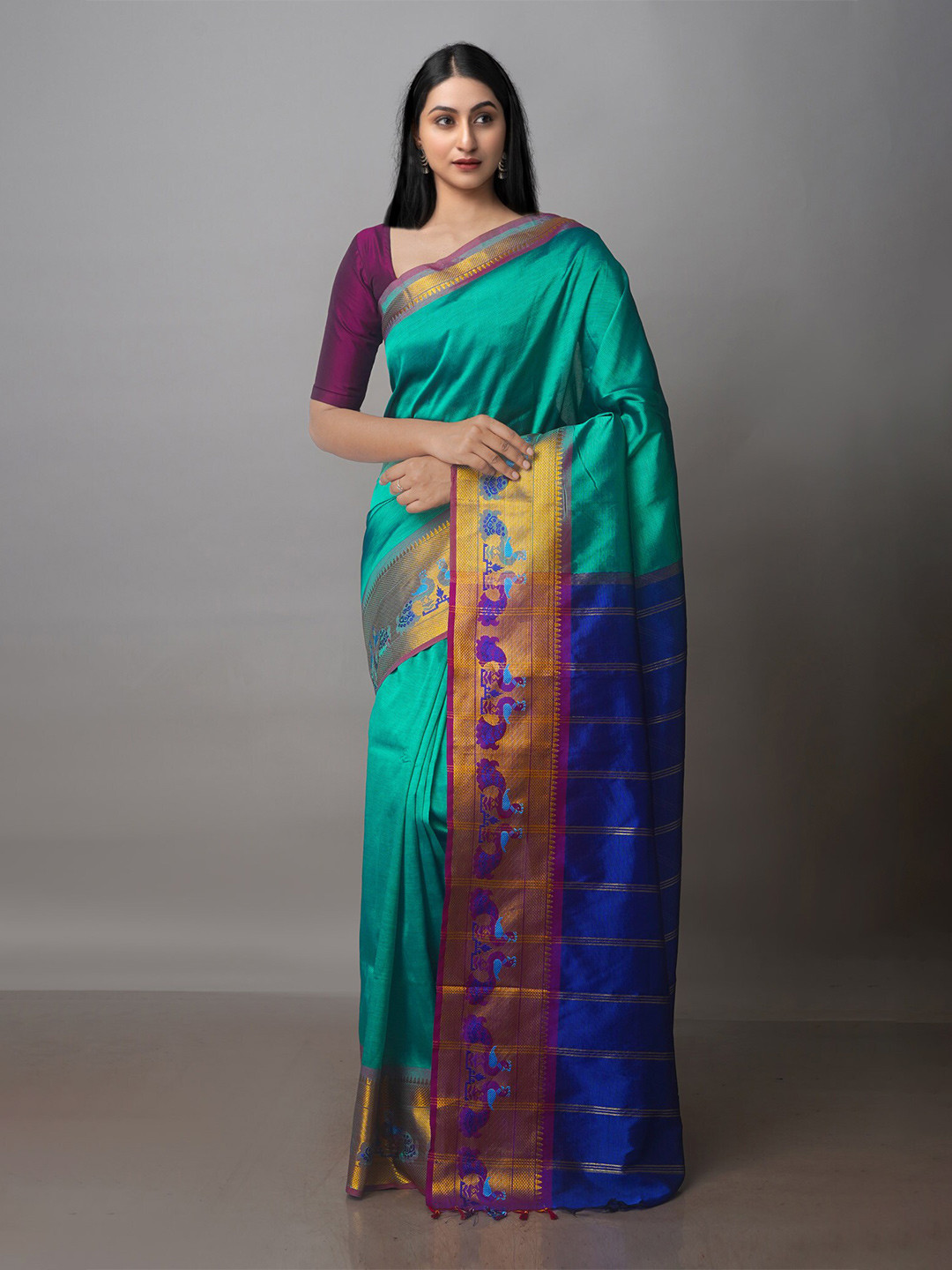 

Unnati Silks Zari Silk Blend Mangalagiri Saree, Green